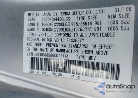 2006 Honda Cr-V Lx из США, поврежденный, VIN JHLRD68586C011174